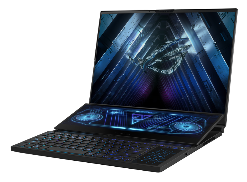 Off Center View of the Rog Zephyrus Duo 16 With Rog Fearless Eye Logo on Screen